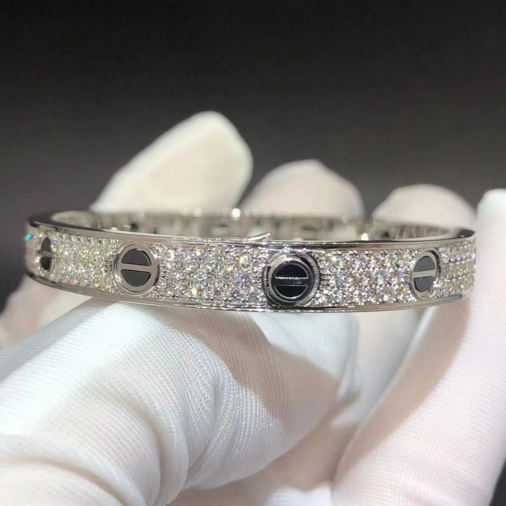 Cartier 18k White Gold Paved Diamond Ceramic Love Bracelet Size 17
